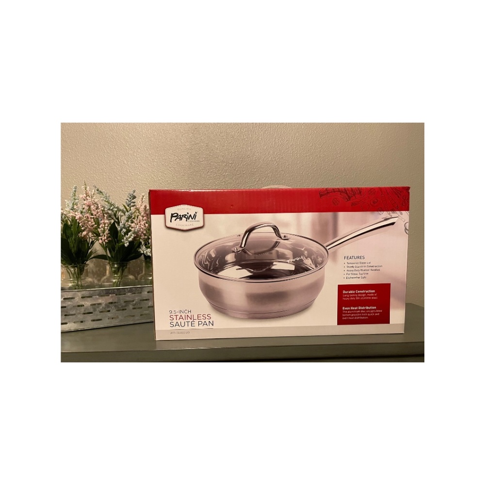 Parini 9.5-Inch 304 Stainless Steel Sauté Pan with Tempered Glass Lid-Ne…